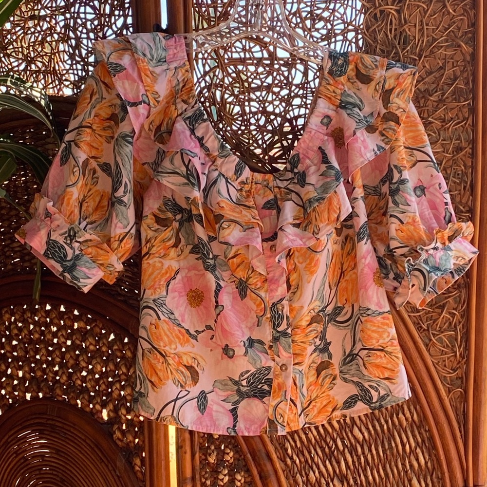 Anthropologie Pink and Orange Floral Blouse Excellent Condition